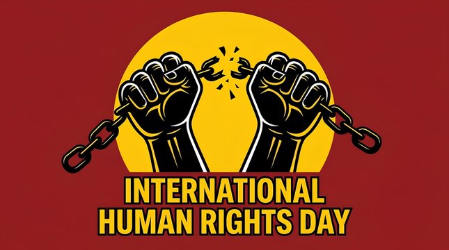 International Human Rights Day graphic with broken chains and fists.