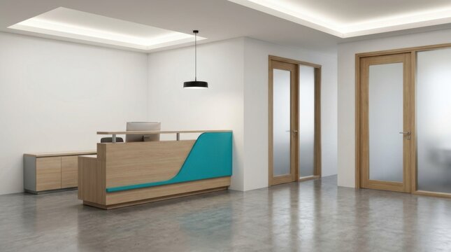 Modern Office Reception Area with Sleek Design and Natural Light.