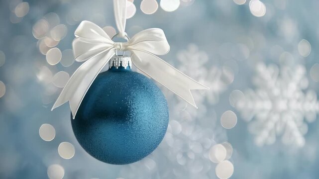 A festive blue ornament takes center stage, suspended by a delicate white ribbon. The background is a soft blur of bokeh lights and subtle snowflake shapes, creating a winter holiday atmosphere.