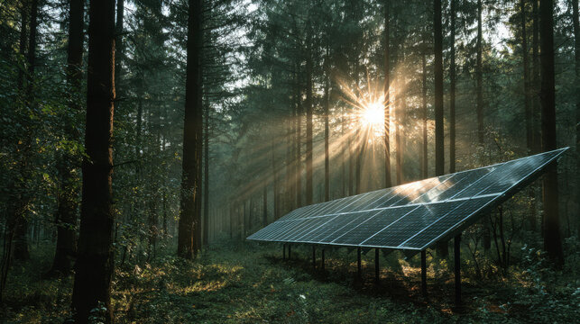 Modern solar panel array stands within a dense pine forest during a golden morning sun beam