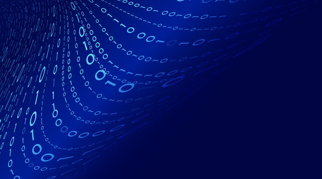 Flowing binary code wave forming a 3D digital data tunnel
