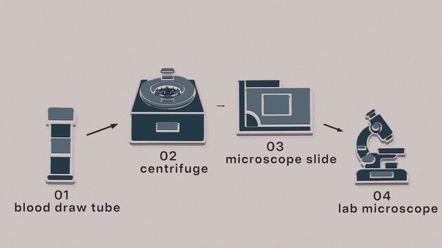 A marked, rising route traces a blood specimen through collection, centrifugation and slide preparation to microscopic analysis for diagnosis. Flat 3D style with a halftone dot screen; objects
