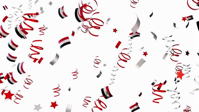 Confetti falls softly in a blend of red, black, and white colors, adding excitement to a celebration. Yemen flag. This activity captures the joy of the occasion