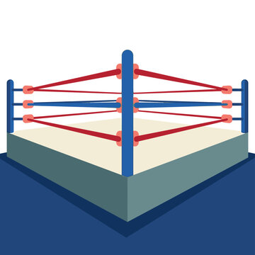Isometric vector illustration of a boxing ring featuring blue corner posts, red and blue ropes, and a cream canvas floor. Clean minimalist design on a white background.
