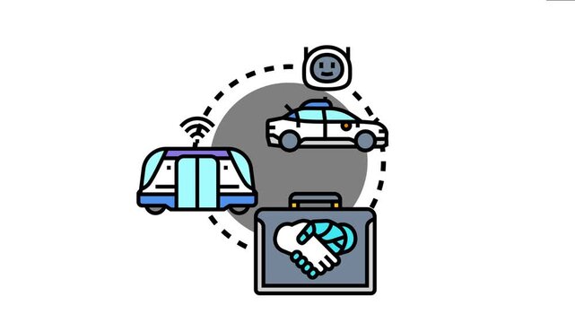 Autonomous vehicles and public transport systems connect with local governance. Representing distributed control. Networked technology