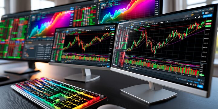 Multiple computer monitors displaying colorful stock market charts and financial data with a rainbow keyboard in the foreground.