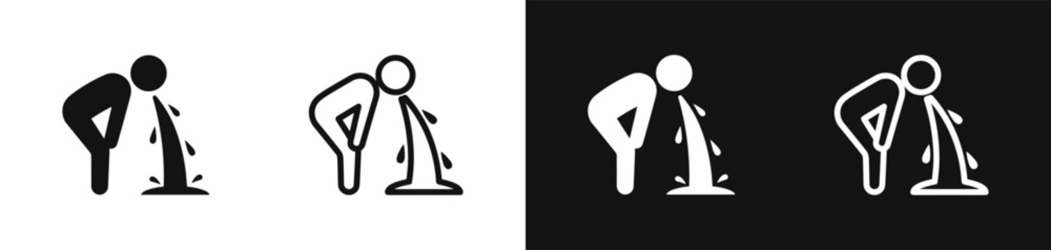 Vomiting person vector icon set, nausea, sickness, medical symptom, black and white symbol