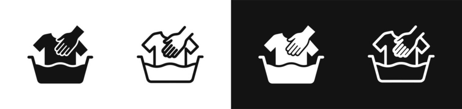 Hand washing clothes in basin icon set, laundry and housekeeping vector design