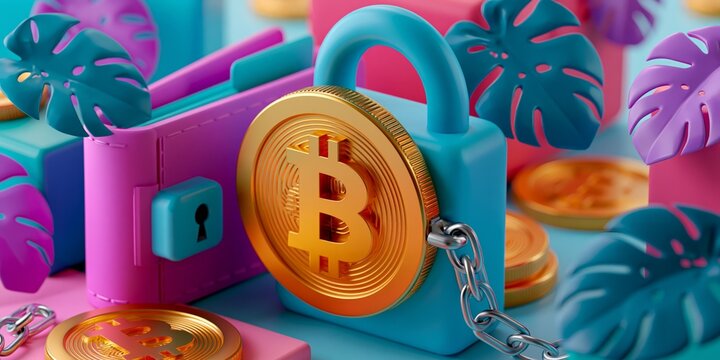 Vibrant digital render of a blue padlock featuring a gold bitcoin symbol, surrounded by tropical leaves and a pink wallet.