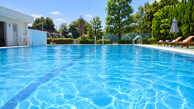 Outdoor Swimming Pool with Clear Blue Water on Sunny Summer Day