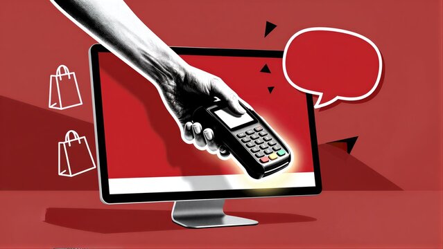 Hand holds payment terminal over monitor, shopping bags and speech bubble nearby.