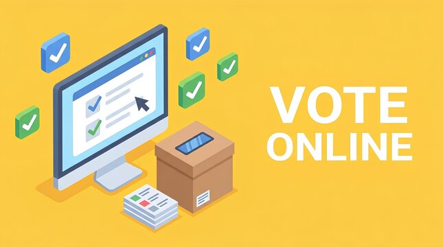 Isometric vote online graphic with digital ballots.