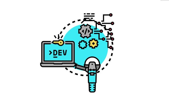Software development tools , featuring laptop with key, gears representing processes, and electronic circuit elements, symbolizing finding coding and engineering solutions