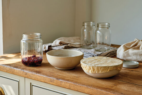 An inviting scene featuring jars of colorful homemade preserves, highlighting the joy and tradition of cooking and food preservation in a beautiful, playful light.