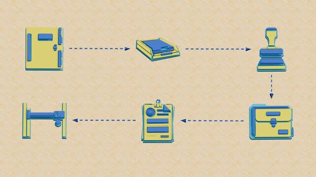 Clinical trial documentation follows a staged route from protocol assembly through ethics review, stamping and release, turning back along the next row. Flat 3D style with smooth matte surfaces.
