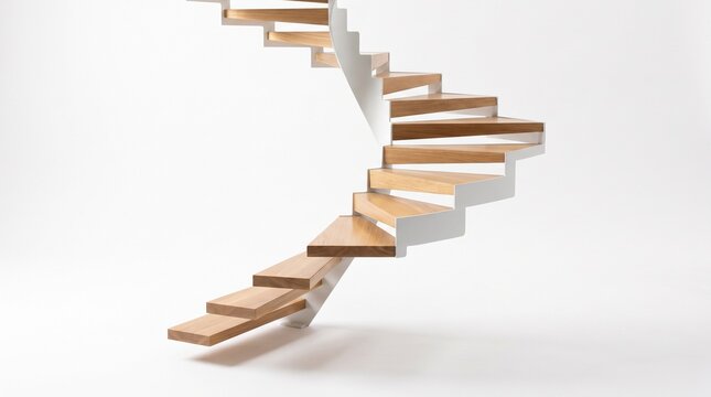 Elegant modern spiral staircase with sleek wooden steps and minimalist design, an architectural concept symbolizing progress and upward movement