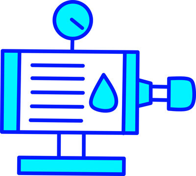 Blue water pump motor vector icon isolated illustration with pressure gauge drop symbol for industrial plumbing irrigation system design concept.