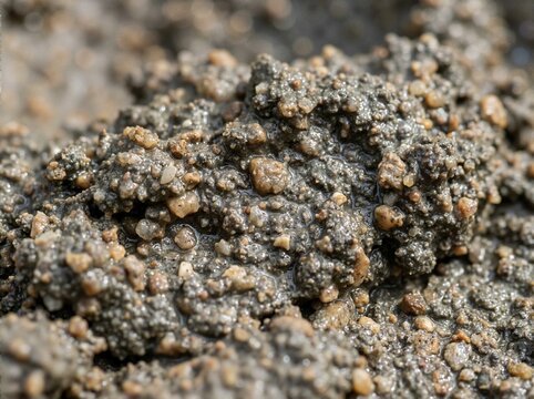 Macro texture of wet mortar sand and cement mix. Close up of coarse granular construction material with small pebbles. Rough industrial building background