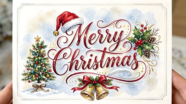 A beautiful and festive watercolor illustration wishing everyone a very merry christmas and joyful holiday season