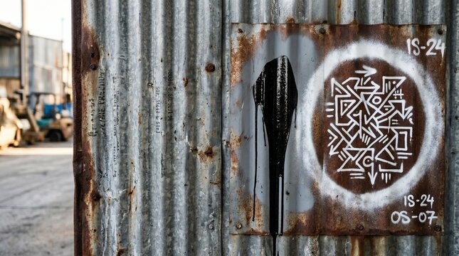 Graffiti on metal wall with stencil artwork and urban background