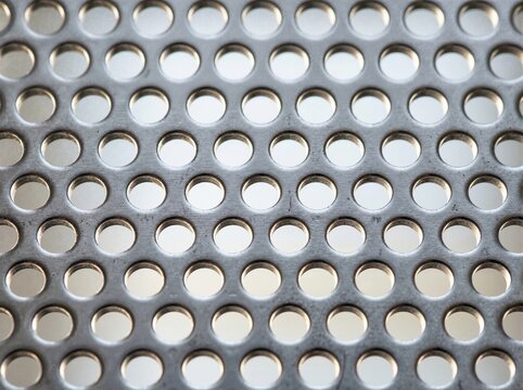 Close-up of perforated sheet steel with round holes. Geometric grid pattern on silver metallic surface. Industrial metal grate texture background