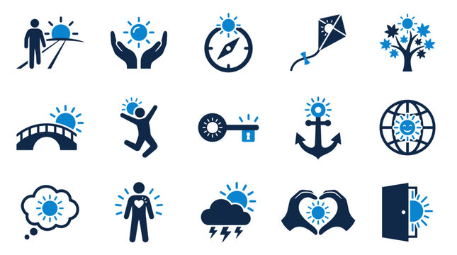 Set of blue and dark icons representing business concepts and leadership with business leadership strategy