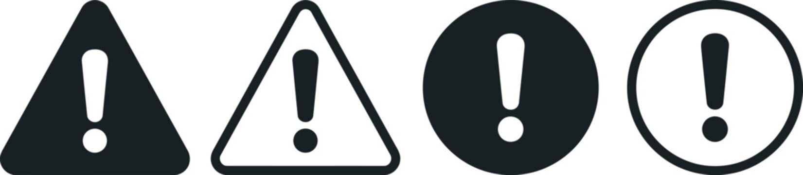 Set of four warning signs with exclamation mark icons, including triangle and circle shapes in solid and outline styles