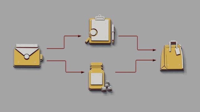 The prescription workflow splits into review and medicine preparation, then rejoins for bag sealing and handoff at the pharmacy counter. Flat 3D style with smooth matte surfaces.