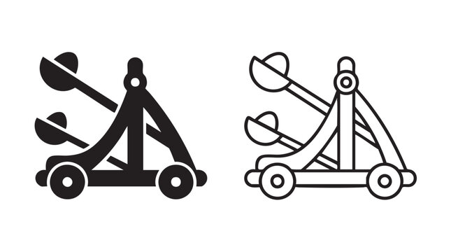 medieval catapult vector icon pair, black silhouette black black silhouette with line art vector pair icon