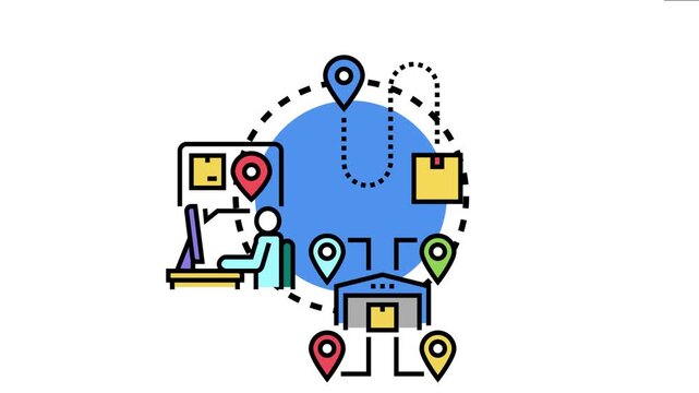 Person tracking packages with multiple location pins and a warehouse, concepts of global delivery, shipment routing, and supply chain management for businesses