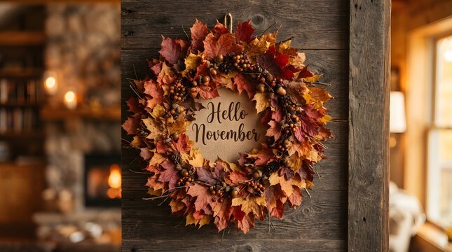 Rustic autumn wreath with hello november sign hanging on a dark wooden wall