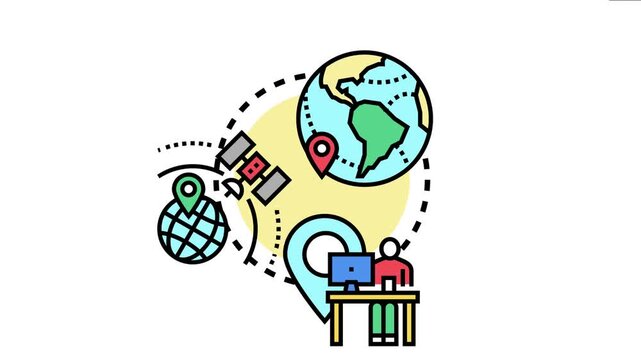 Global positioning technology accurately identifies terrestrial coordinates, showing a satellite transmitting data to a person using a computer to locate points on a world map