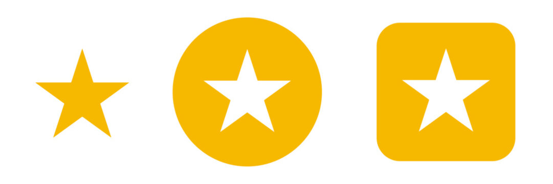 Yellow star icon set featuring favorite, rating and five-star symbols for reviews, bookmark, feedback and recognition.