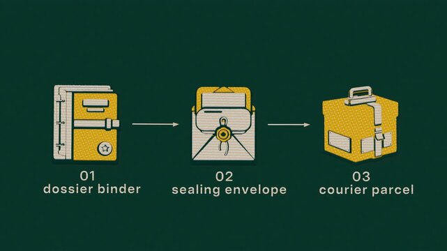 A finished dossier progresses through preparation, sealing and courier dispatch before regulators receive and archive it. Flat 3D style printed from two plates; objects numbered and labelled in