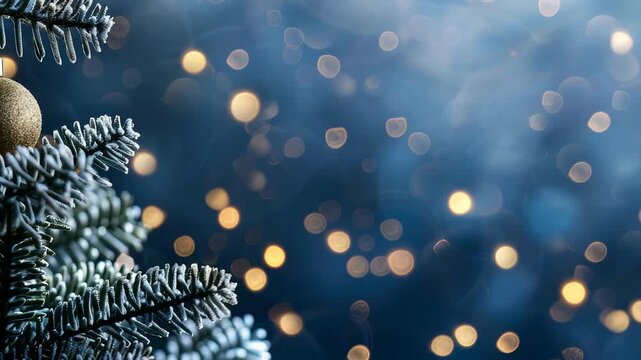 An elegant image showing frosted evergreen branches adorned with a spherical ornament, set against a backdrop of soft, out-of-focus bokeh lights, creating a warm and inviting holiday scene.