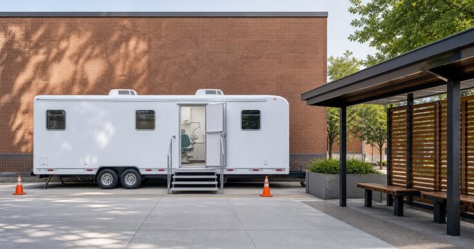 Mobile Oral Health Outreach Dental Trailer Positioned at Urban Shelter