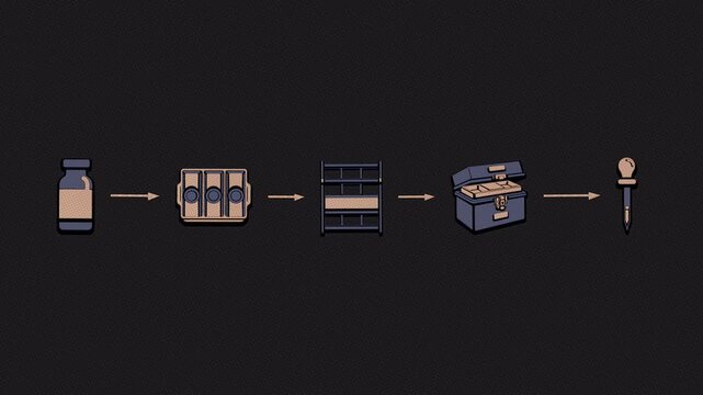Sample intake splits into two handling branches, each carrying specimens through receipt, rack placement and sealed cold storage before the run begins. Flat 3D style printed in two inks.