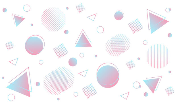 Soft baby pink and sky blue gradient triangles, circles, and dotted squares on transparent, dreamy pastel Memphis vector pattern for banner, and feminine design.