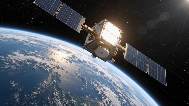 Communication Satellite Orbiting Earth Background, Space Technology Concept for Aerospace and Satellite Innovation