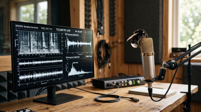 Home studio recording setup with computer and microphone on