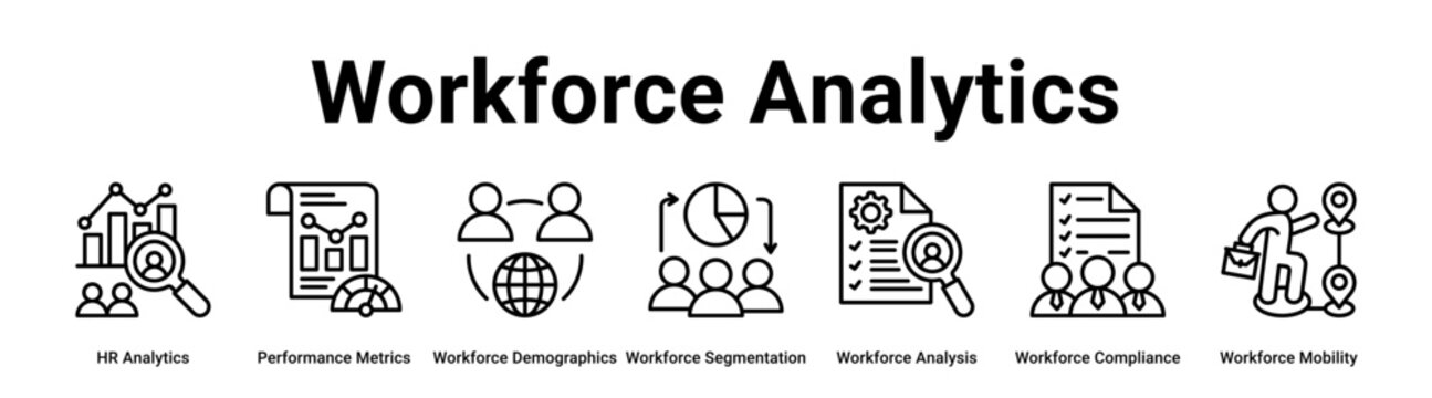 Workforce Analytics web banner icon vector illustration concept for business with icon of HR Analytics, Performance Metrics, Workforce Demographics, Workforce Segmentation, Workforce Analysis,.