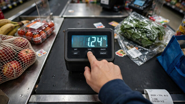 Digital kitchen scale weighing produce at grocery checkout