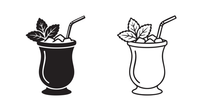 mint julep vector icon pair, black silhouette with line art black silhouette with line art vector pair icon