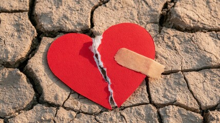 Obraz premium Fragmented Heart on Dry Soil Symbolizing Heartbreak and Healing, Showcasing Love, Loss, Recovery, and Emotional Resilience in Difficult Times