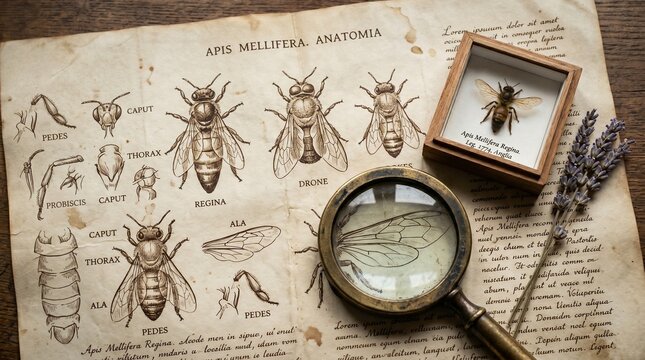 Bee Anatomy Illustration with Magnifying Glass and Specimen Box