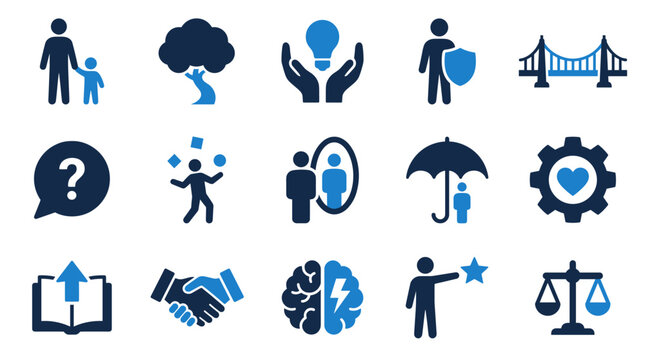 Set of self development coaching and psychology vector icons on a white background with coaching