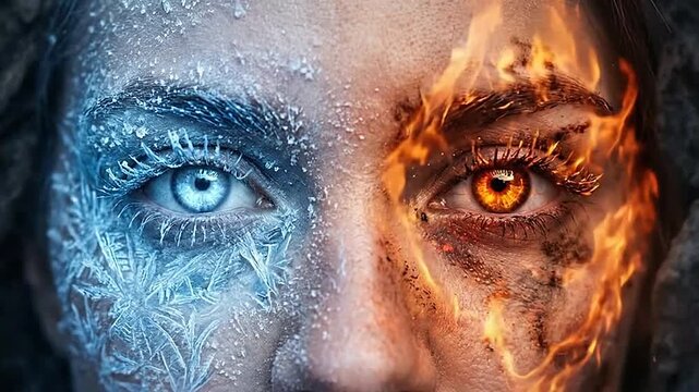 Face with fire and ice duality effect staring intensely