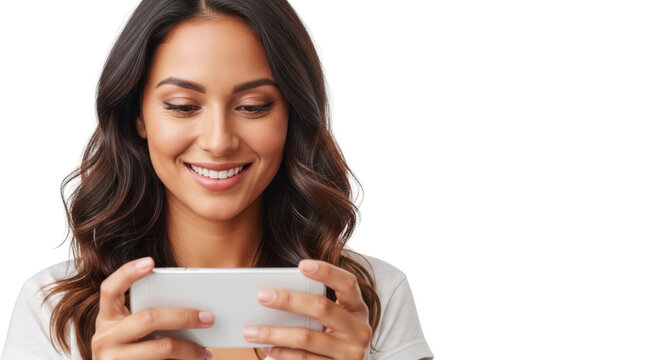 Woman smiling and using smartphone device.