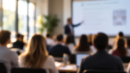 Obraz premium Rear view of an audience listening to a speaker's presentation in front of a large screen. Out-of-focus shot.