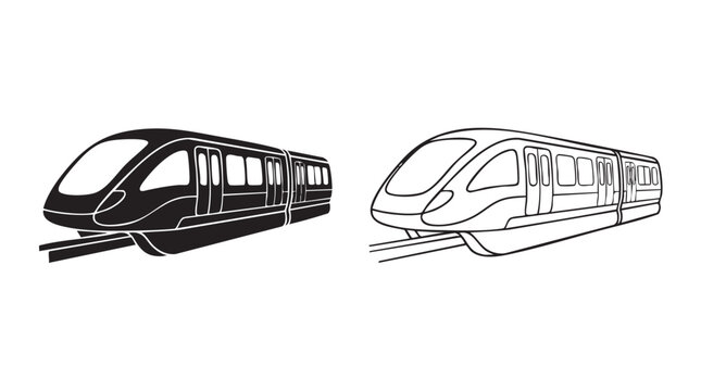 modern monorail train car vector icon pair black silhouette black silhouette with line art vector pair icon